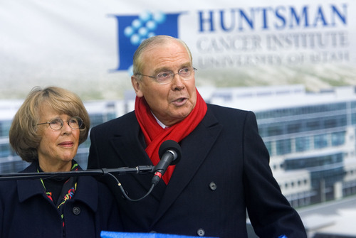 Al Hartmann  |  The Salt Lake Tribune
Founders and benefactors Karen and  Jon M. Huntsman speak at the dedication of the Huntsman Cancer Institute Hospital expansion on Friday October 28.