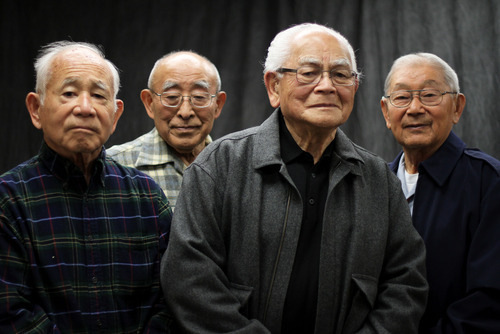 Francisco Kjolseth  |  The Salt Lake Tribune
Ten Utah veterans, including Taira Fukushima, 85, Masami Hayashi, 88, Hiroshi Aramaki, 86, and Nelson Akagi, 88, from left, all Japanese Americans, will head to Washington, D.C., Monday to be honored with the Congressional Gold Medal for their contributions during World War II. The ceremony is at the U.S. Capitol, Emancipation Hall, with congressional leaders and President Obama.