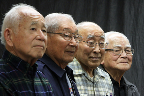Francisco Kjolseth  |  The Salt Lake Tribune
Ten Utah veterans, including Taira Fukushima, 85, Nelson Akagi, 88, Masami Hayashi, 88, and Hiroshi Aramaki, 86, from left, all Japanese Americans, will head to Washington, D.C., Monday to be honored with the Congressional Gold Medal for their contributions during World War II. The ceremony is at the U.S. Capitol, Emancipation Hall, with congressional leaders and President Obama.