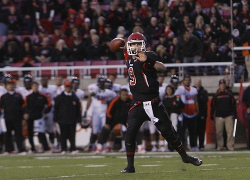 Chris Detrick  |  The Salt Lake Tribune
Utah Utes quarterback Jon Hays (9) throws the ball for a touchdown during the first half of the game at Rice-Eccles Stadium Saturday.