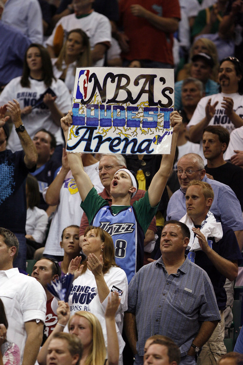 Rick Egan | The Salt Lake Tribune

Jazz fans cheer as the Jazz face the Lakers in the game three of the second round of the playoffs at EnergySolutions Arena Saturday, May 8, 2010.