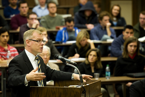 Defense Attorney Stephen Owens argues before the judges during a Utah Supreme Court case discussing the medical providers role in David Ragsdale's murder case held in the Moot Courtroom at Brigham Young University on Wednesday, Nov. 2, 2011 in Provo.  Attorneys debated whether or not David Ragsdale's medical providers were responsible in part of the murder of his wife.  

JAMES ROH/Daily Herald