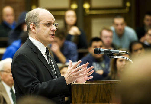 Attorney for the plaintiff Jonah Orlofsky argues before the judges during a Utah Supreme Court case discussing the medical providers role in David Ragsdale's murder case held in the Moot Courtroom at Brigham Young University on Wednesday, Nov. 2, 2011 in Provo.  Attorneys debated whether or not David Ragsdale's medical providers were responsible in part of the murder of his wife.  

JAMES ROH/Daily Herald