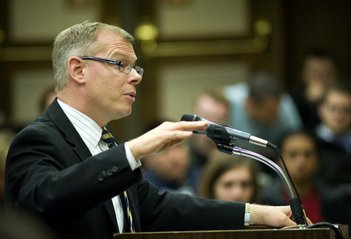 Defense Attorney Stephen Owens argues before the judges during a Utah Supreme Court case discussing the medical providers role in David Ragsdale's murder case held in the Moot Courtroom at Brigham Young University on Wednesday, Nov. 2, 2011 in Provo.  Attorneys debated whether or not David Ragsdale's medical providers were responsible in part of the murder of his wife.  

JAMES ROH/Daily Herald