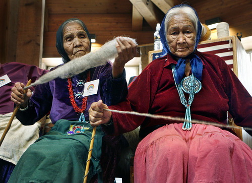 Scott Sommerdorf  |  Salt Lake Tribune
NAVAJO RUG SALE & SHOW
Navajo Elder Grandmothers May Shay (left), and Ruth Benally (right; from Big Mountain) spin wool into yarn for weaving at a weaving demonstration at the 20th annual Navajo rug sale/show at Snow Park Lodge in Deer Valley.