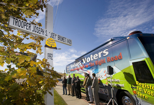 Al Hartmann  |  The Salt Lake Tribune

The Family Research Council Action's Values Voter Bus Tour stopped in Murray on Thursday next to Utah State Trooper roadside crosses that are now facing removal in the court case Davenport vs. American Atheists.