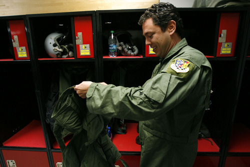 Francisco Kjolseth  |  The Salt Lake Tribune
Congressman Jason Chaffetz suits up on Saturday for an up-close look at how the F-16 aircraft at Hill Air Force base and its reservists support joint combat operations to protect soldiers on the ground in deployed regions. Congressman Chaffetz flew with the 419th Fighter Wing which is made up of more than 1,100 persononnel and is Utah's only Air Force Reserve unit.