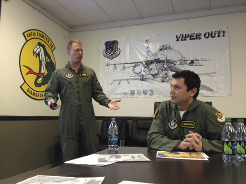 Francisco Kjolseth  |  The Salt Lake Tribune
Congressman Jason Chaffetz with pilot Pat Wade preparing for their F-16 flight Saturday.