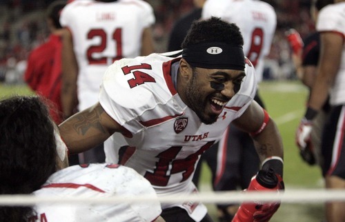 Trent Nelson  |  The Salt Lake Tribune
Utah's Reggie Dunn celebrates a second half touchdown as Utah faces Arizona, college football at Arizona Stadium in Tucson, Arizona, Saturday, November 5, 2011.