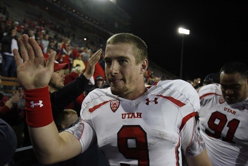 Trent Nelson  |  The Salt Lake Tribune
Utah quarterback Jon Hays high-fives fans after Utah defeated Arizona, college football at Arizona Stadium in Tucson, Arizona, Saturday, November 5, 2011.