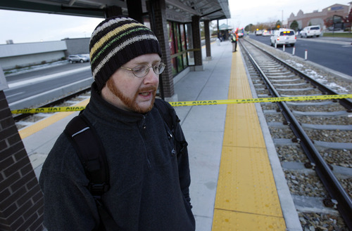 Francisco Kjolseth  |  The Salt Lake Tribune
Ryan Cameron of Clearfield recounts his experience of witnessing some of the accident in which a bicyclist was killed after being dragged under by a West bound TRAX train at the Redwood Junction station at 1740 West, Research Way near 2770 South and Redwood on Monday morning, November, 7, 2011,  with the first 911 call being made at 6:47 a.m. The crash involved the Green Line train, running from downtown Salt Lake City to West Valley City.