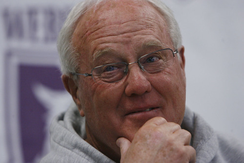 Francisco Kjolseth  |  The Salt Lake Tribune
Long-time football coach Ron McBride announced his retirement on Tuesday, Nov. 8, 2011, at Stewart Stadium at Weber State University. McBride is closing out his seventh season with Weber State and also coached 13 years at University of Utah.