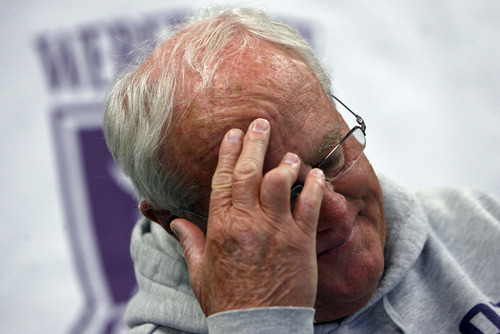 Francisco Kjolseth  |  The Salt Lake Tribune
Long-time football coach Ron McBride announced his retirement on Tuesday, Nov. 8, 2011, at Stewart Stadium at Weber State University. McBride is closing out his seventh season with Weber State and also coached 13 years at University of Utah.