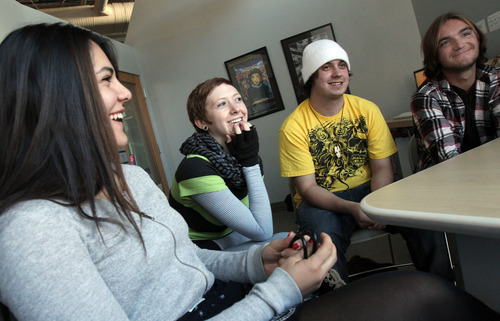 Francisco Kjolseth  |  The Salt Lake Tribune
Student filmmakers Laela Omar, Mallory McDaniel, Jon Tatum and Rowan Eyzaguirre, from left, get together for a sit down interview at Spy Hop Productions on Wednesday, November 2, 2011, to talk about Pitchnic, the annual event where student filmmakers pitch their film projects to prospective producers.