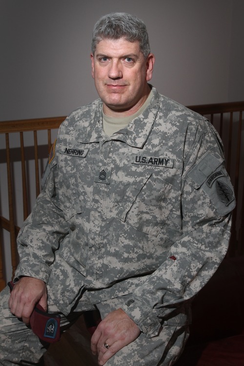 Rick Egan  | The Salt Lake Tribune 

Dan Nehring, a Utah National Guard sergeant first class, posed for  that will be part of the Taylorsville Veterans Memorial.