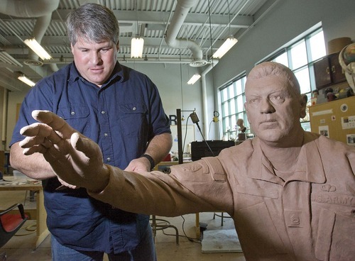Paul Fraughton  |  The Salt Lake Tribune Brad Taggart, an art professor at Snow College, works on a sculpture that will be part of the Taylorsville Veterans Memorial.