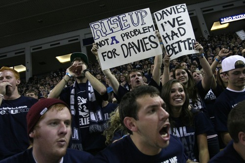 Chris Detrick  |  The Salt Lake Tribune
Utah State fans cheer during the first half of the game at the Dee Glen Smith Spectrum Friday November 11, 2011. Utah State won the game 69-62.