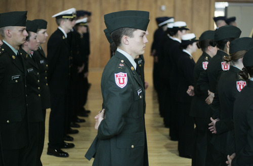 Kim Raff  |  The Salt Lake Tribune
University of Utah ROTC members stand at attention during the Veterans Day celebration at the University of Utah in Salt Lake City on Friday.