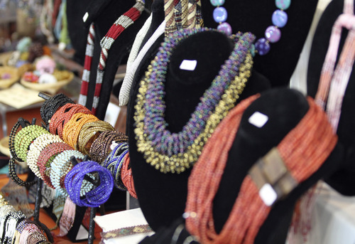 Lennie Mahler  |  The Salt Lake Tribune
Handmade African jewelry by A Gift To Africa, an organization aiming to provide support to artisans in Africa through promotion and distribution of various arts and crafts. Displayed at the Jewish Arts Festival on Sunday at the IJ & Jeanné Wagner Jewish Community Center.