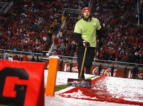 Scott Sommerdorf  |  The Salt Lake Tribune             
Grounds crew with shovels and brooms cleared off the goal line and yard markers throughout the first half of play. Utah held a 7-3 lead over UCLA at the half at Rice-Eccles Stadium in Salt Lake City, Saturday, November 12, 2011.