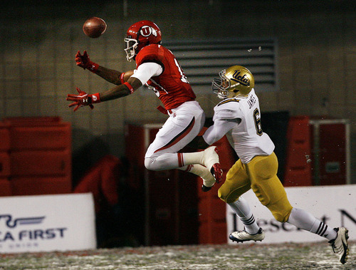 Scott Sommerdorf  |  The Salt Lake Tribune             
Utah Utes defensive back Eric Rowe #18 nearly intercepted this first half pass near the end zone intended for UCLA Bruins running back Jordon James #6. Utah held a 7-3 lead over UCLA at the half at Rice-Eccles Stadium in Salt Lake City, Saturday, November 12, 2011.