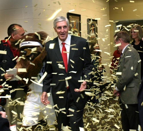 Steve Griffin  |  The Salt Lake Tribune


Jerry Sloan walks through a shower of confetti, shot from a canon by the Bear, as he attends the Utah Sports Hall of Fame banquet at EnergySolutions Arena in Salt Lake City, Utah Wednesday, November 16, 2011. Sloan along with Phil Johnson, Doug Toole, Natalie Williams and Annette Ausseresses were all inducted into the hall of fame.