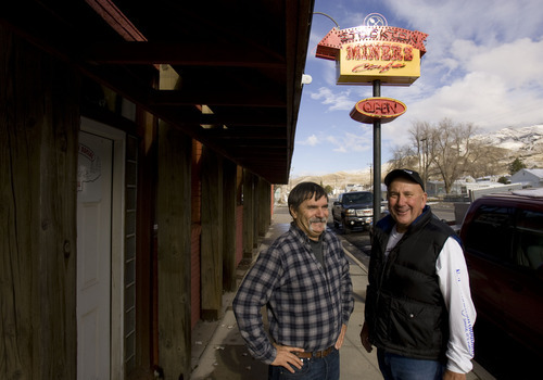 Trent Nelson  |  The Salt Lake Tribune
Stockton Mayor Mark Whitney, left, and Town Council member Kendall Thomas stop for a portrait on the main drag in Stockton, Utah, Saturday, November 19, 2011. The Deseret Chemical Depot is finishing the incineration of the chemical weapons stockpile and beginning in January, the 1,500 employees will be phased out. The people in nearby towns like Stockton will feel the effects of the jobs lost.