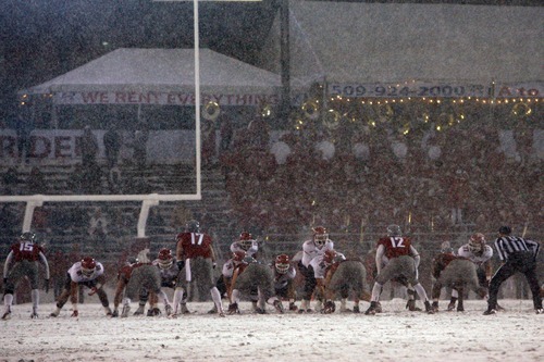 Chris Detrick  |  The Salt Lake Tribune
Snow falls onto the field during the second half of the game at Martin Stadium at Washington State University Saturday November 19, 2011. Utah defeated Washington State 30-27 in overtime.