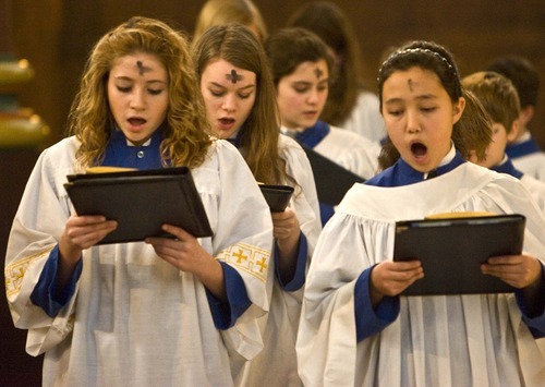 Paul Fraughton  |  The Salt Lake Tribune

Members of the Madeleine sing at the Ash Wednesday celebration at the Cathedral in 2008.