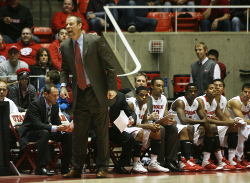 Francisco Kjolseth  |  The Salt Lake Tribune
Utah head coach Larry Krystkowiak yells out in disagreement with a call as Utah takes on Montana State at the Huntsman Center on Saturday, November 19, 2011.