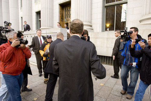 Trent Nelson  |  The Salt Lake Tribune
Bill Gates arrives at the Frank E. Moss United States Courthouse in Salt Lake City, Utah, Tuesday, November 22, 2011 for his second day of testimony in a lawsuit between Novell and Microsoft.