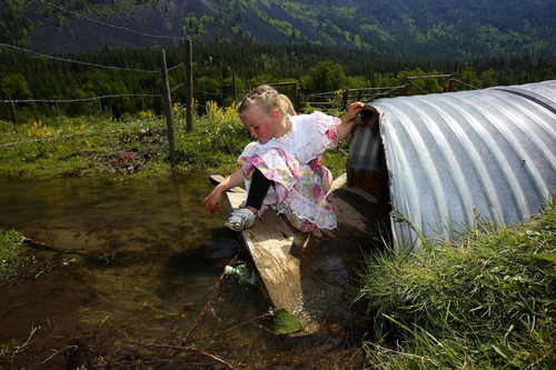 The Children of Polygamy. Children of polygamist Winston Blackmore, playing the rural setting of the family farm in Lister, British Columbia, Canada. Rosa Blackmore playing in a creek.
Photo by Trent Nelson; 5.17.2006