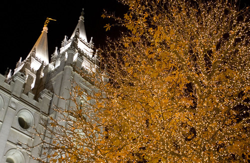 The LDS Temple is surrounded by holiday lights at Temple Square Friday, November 28, 2008 in Salt Lake City. Friday evening was the kick off for many holiday activities leading up to Christmas in Salt Lake City. Scores ventured downtown to look at the lights and shop. Crowds made their looking at the lights at the Gallivan Center, Temple Square and the Gateway mall.- Jim Urquhart/The Salt Lake Tribune; 11/28/08