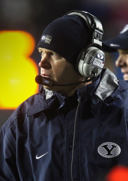 Rick Egan  | The Salt Lake Tribune 

Brigham Young Cougars head coach Bronco Mendenhall, on the sidelines, in football action, BYU vs. the Idaho Vandals football game at Lavell Edwards Stadium, Saturday, November 12, 2011.