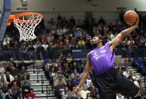 Rick Egan  | The Salt Lake Tribune 

Ronnie Price soars through the air for one of his many slam dunks, in the NBA lockout charity exhibition game at Lifetime Activities Center at Salt Lake Community College, Monday, November 7, 2011.