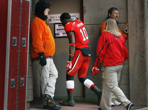 Scott Sommerdorf  |  The Salt Lake Tribune             
Utah Utes wide receiver DeVonte Christopher (10) went to the locker room after a pass play injured him - he later returned to play. Colorado held a 10-0 lead over Utah at the half, Friday, November 25, 2011.