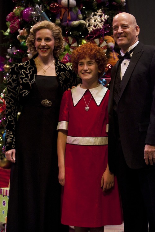 Chris Detrick  |  The Salt Lake Tribune
Sami Staitman as Annie, Larry Cahn as Daddy Warbucks and Emily Shoolin as Grace perform during a rehearsal of 