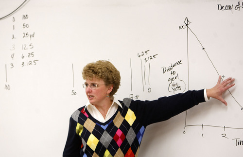 Trent Nelson | The Salt Lake Tribune
Bingham High science teacher Deborah Brown is the recipient of the Excellence in Teaching Award from the Utah Education Association. Last year, she and a class of advanced-placement chemistry students assembled a quilt depicting the periodic table of elements. Each element had its own square.