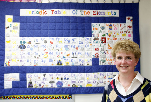 Trent Nelson | The Salt Lake Tribune
Bingham High science teacher Deborah Brown is the recipient of the Excellence in Teaching Award from the Utah Education Association. Last year, she and a class of advanced-placement chemistry students assembled a quilt depicting the periodic table of elements. Each element had its own square.