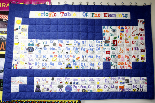 Trent Nelson | The Salt Lake Tribune
Bingham High science teacher Deborah Brown and a class of advanced-placement chemistry students assembled a quilt depicting the periodic table of elements. Each element had its own square. Brown is the recipient of the Excellence in Teaching Award from the Utah Education Association.