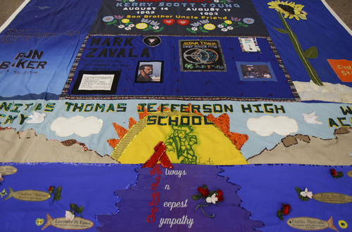 Trent Nelson  |  The Salt Lake Tribune
The AIDS Memorial Quilt was on exhibit in the Taggart Student Center at Utah State University in Logan on Wednesday. The quilt, founded in 1987, is the largest ongoing community arts project in the world, with more than 40,000 panels, each memorializing a life lost to AIDS.