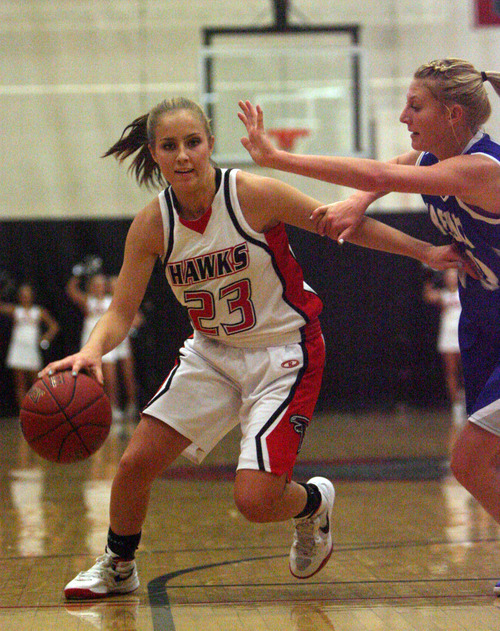 Kim Raff | The Salt Lake Tribune
Alta's Makenzi Morrison drives the ball past Fremont player Mikkell Minnoch during a  girls basketball at Alta High School in East Sandy, Utah on Wednesday, November 30, 2011.   Alta went on to win the game.