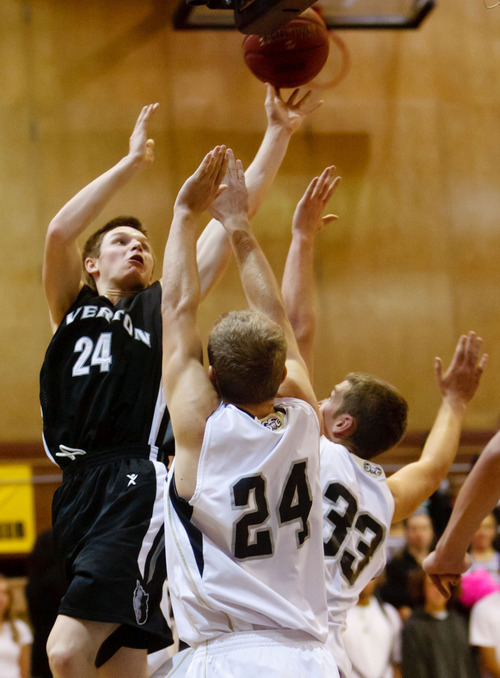 Trent Nelson  |  The Salt Lake Tribune
Riverton's Stephan Holm shoots the ball at Highland vs. Riverton High School basketball in Salt Lake City, Utah, Friday, December 2, 2011.