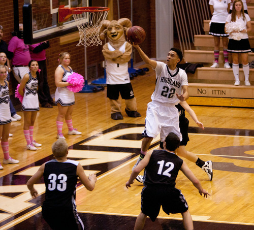 Trent Nelson  |  The Salt Lake Tribune
Highland's Liam Thomas flies to the basket for a layup at Highland vs. Riverton High School basketball in Salt Lake City, Utah, Friday, December 2, 2011.