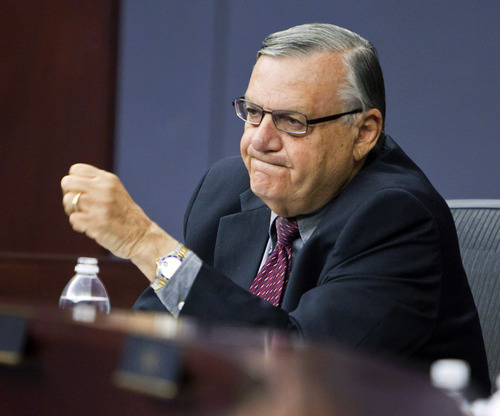 FILE - In this Oct. 18, 2011 file pool photo, Maricopa County Sheriff Joe Arpaio testifies during the State Bar of Arizona's ongoing disciplinary hearings against former Maricopa County attorney Andrew Thomas and two assistants, at the Arizona Supreme Court in Phoenix. According to some current and former police officers, hundreds of sex-crimes investigations were allegedly mishandled by Arpaio's office. (AP Photo/Jack Kurtz, Pool, File)