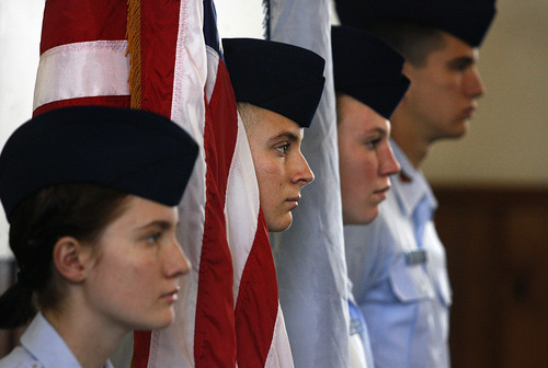 Scott Sommerdorf  |  The Salt Lake Tribune             
The Utah Wing Cadet Honor Guard stands at attention at the beginning of the Civil Air Patrol's commemoration of its 70th year in a ceremony at the Hill Aerospace Museum Chapel on Sunday. Each December the patrol holds a memorial service to commemorate its establishment on Dec. 1, 1941.