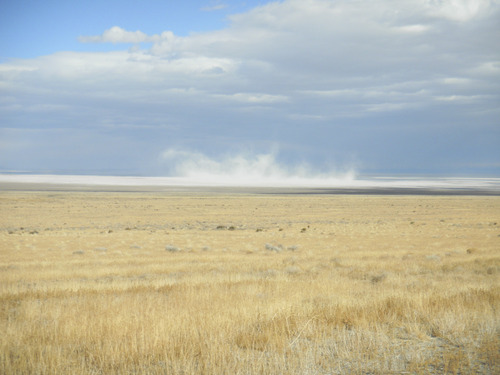 Tom Wharton | The Salt Lake Tribune
A dust storm swirls on the desolate salt flats near Wendover.