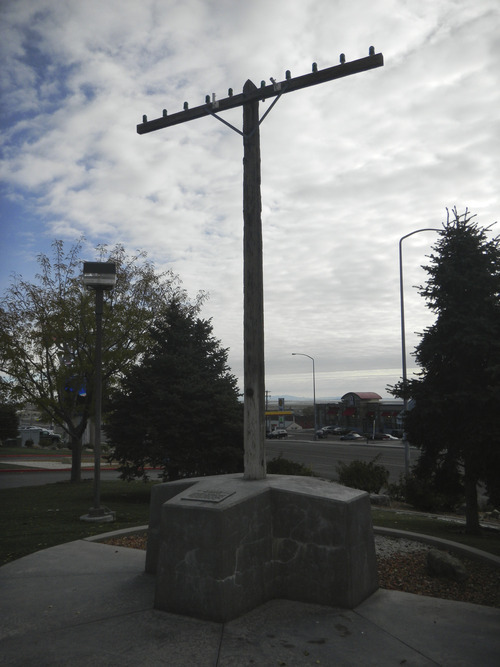 Tom Wharton | The Salt Lake Tribune
A telephone pole in front of the Montego Bay resort in West Wendover, Nev., marks the spot where the first transcontinental telephone line was joined in 1914.