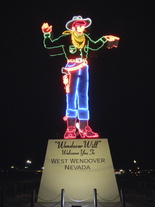 Tom Wharton | The Salt Lake Tribune
Wendover Will, billed as the largest neon cowboy in the world, greets visitors to West Wendover, Nev., these days after being moved from original location at old Stateline Casino on Utah-Nevada border.