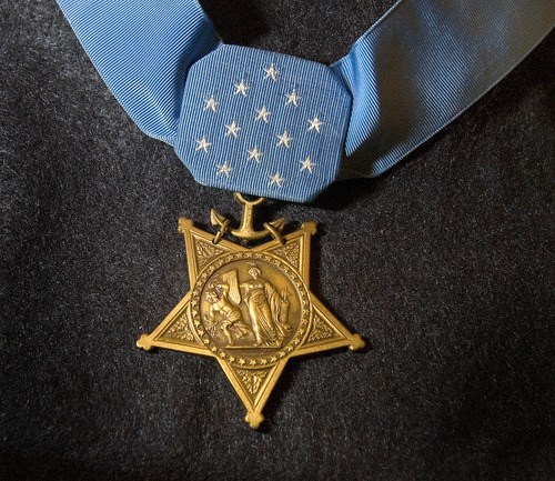 Paul Fraughton | The Salt Lake Tribune
A replica of the Medal of Honor awarded to Peter Tomich, who was killed at  the attack on Pearl Harbor aboard the USS Utah.